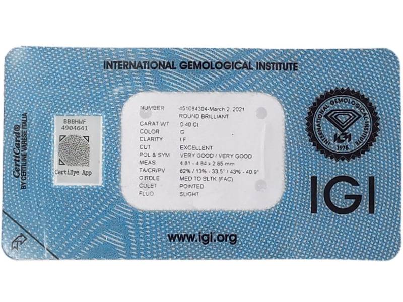 INVESTMENT DIAMOND IGI 0.40CT G IF